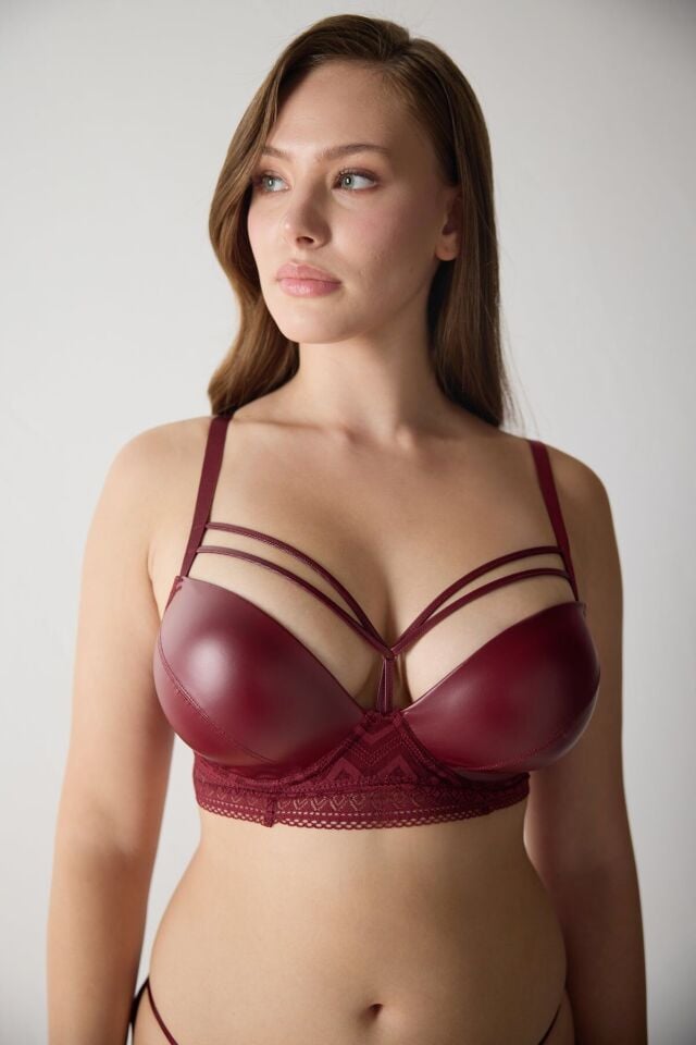 Deri Zigzag Dantelli Push Up Destekli Sütyen 70C - siyah