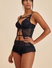 Roma Siyah Balenli Dantel Detaylı Babydoll