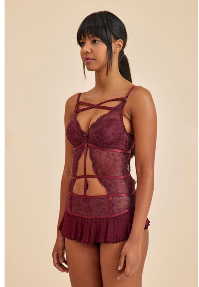 Roma Siyah Balenli Dantel Detaylı Babydoll 85B - bordo