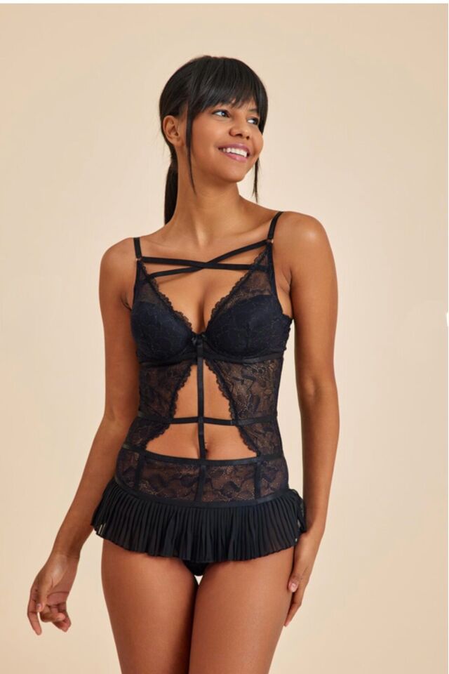Roma Siyah Balenli Dantel Detaylı Babydoll 75B - siyah