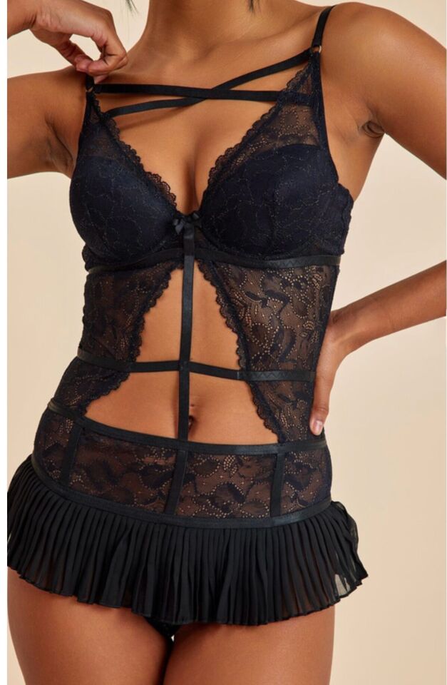 Roma Siyah Balenli Dantel Detaylı Babydoll 80B - siyah