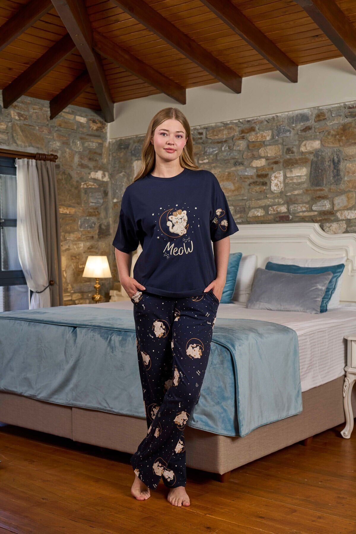 Kısa Kol Baskı Detay Kadın Pijama Takımı 40