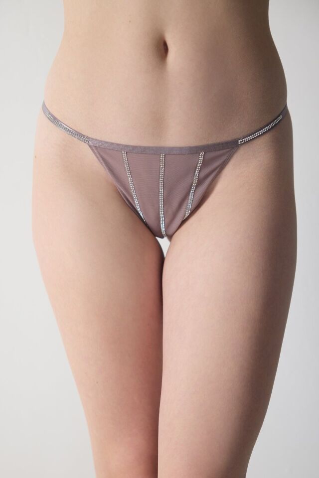 Taşlı String Tül Külot standart - siyah