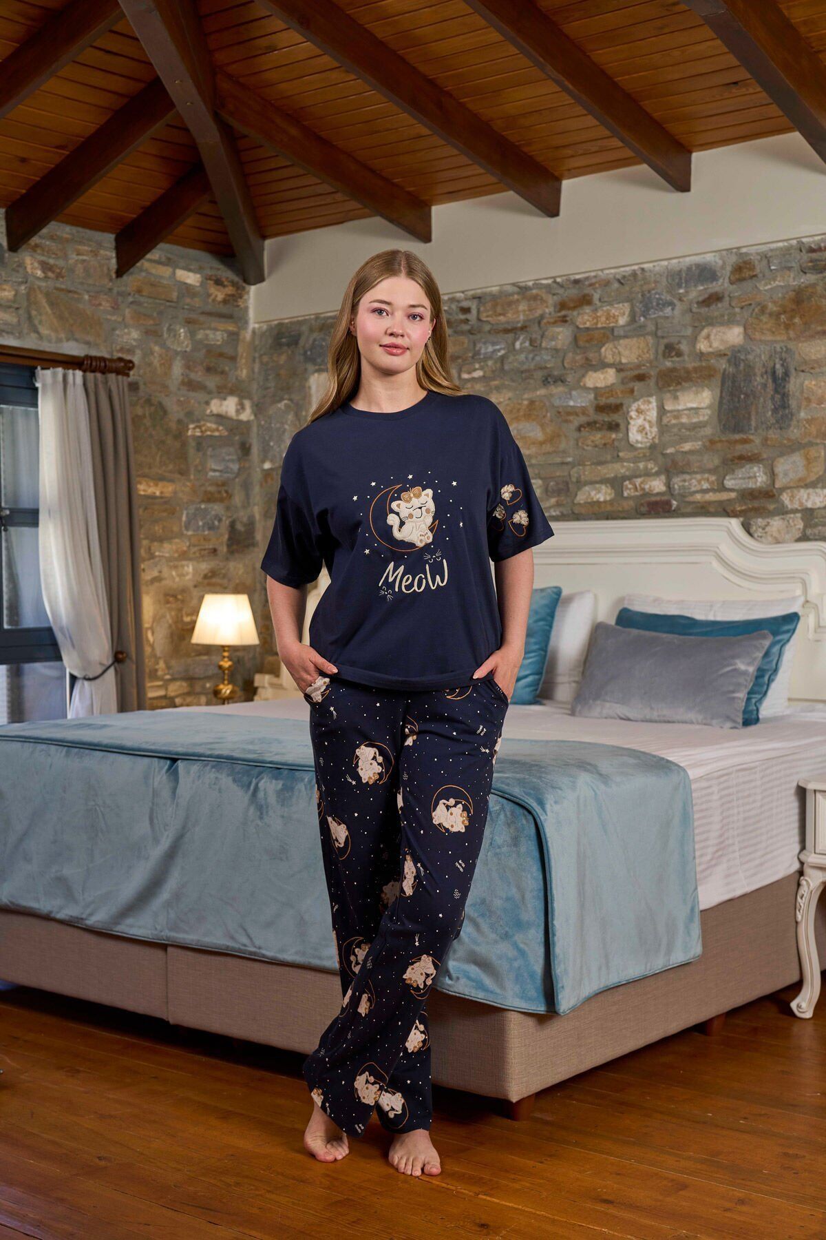 Kısa Kol Baskı Detay Kadın Pijama Takımı 44