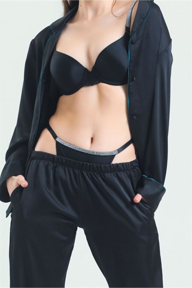 Taşlı String Külot standart - siyah