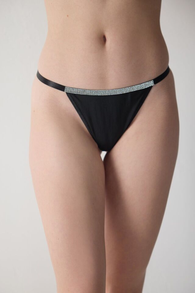 Taşlı String Külot standart - siyah