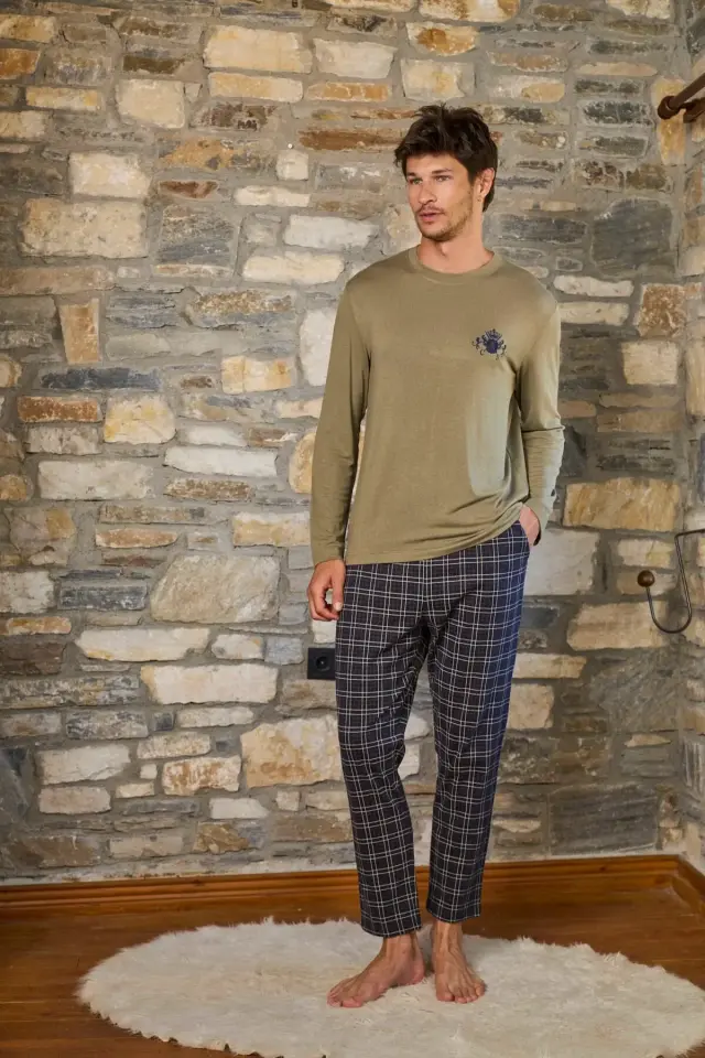 Uzun Kol Nakış Detay Erkek Pijama Takımı L - haki