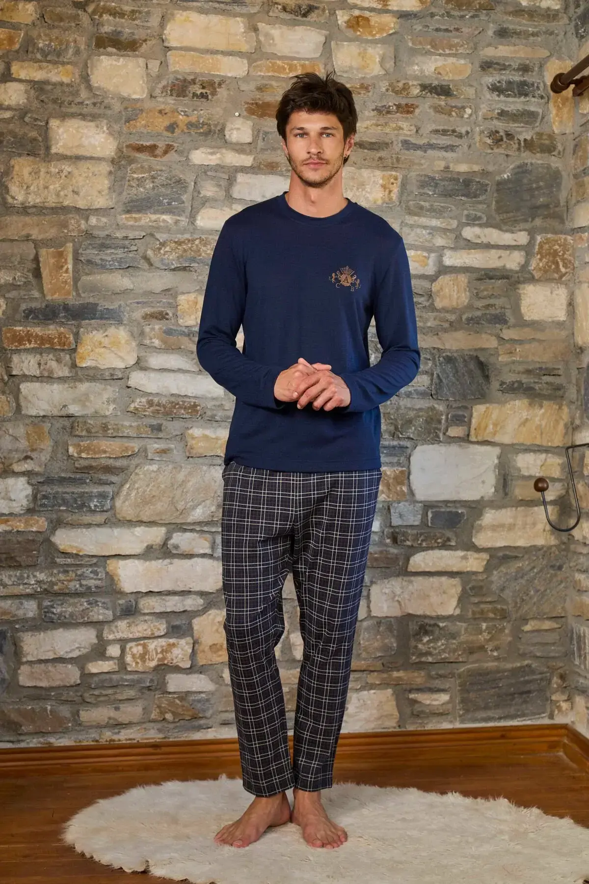 Uzun Kol Nakış Detay Erkek Pijama Takımı 2XL - Lacivert