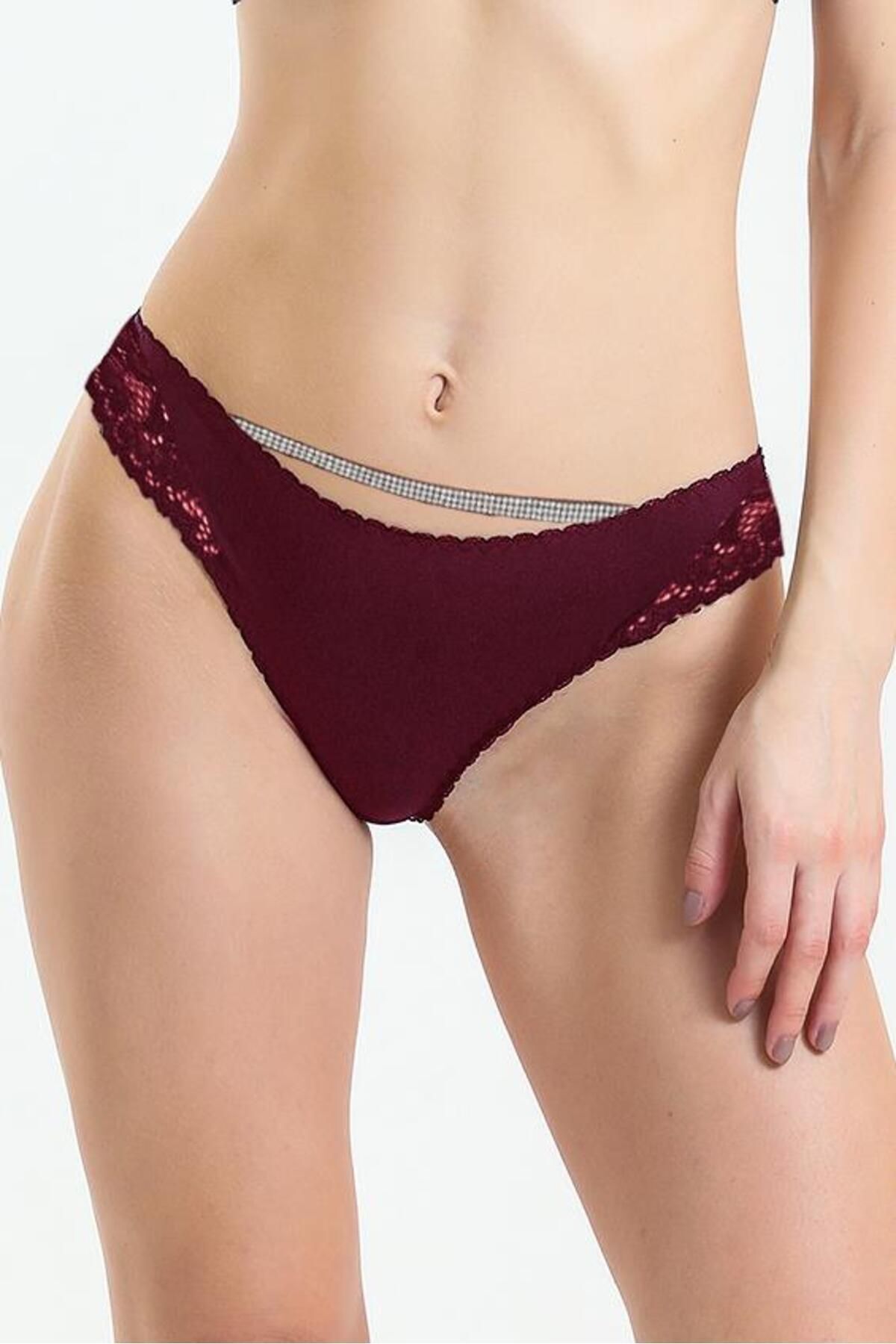 Taşlı Dantelli Normal Külot L - bordo