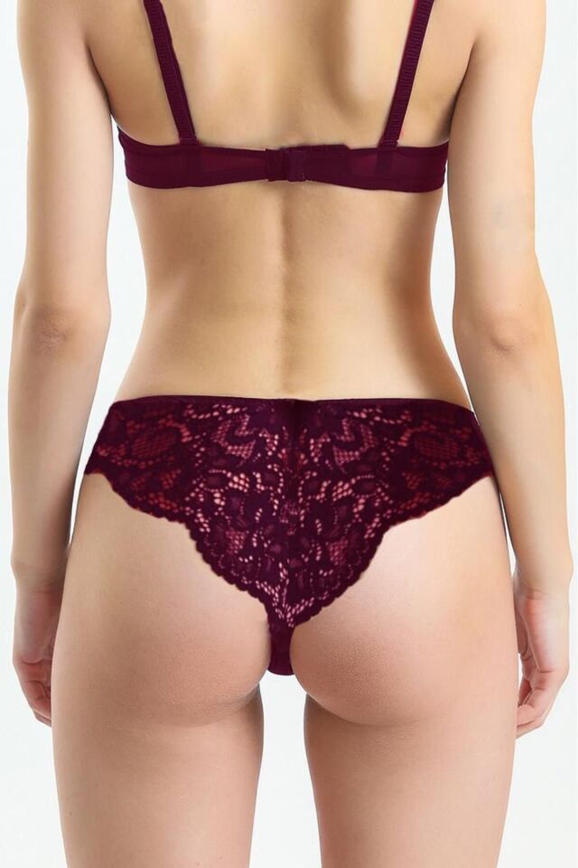 Taşlı Dantelli Normal Külot XL - bordo