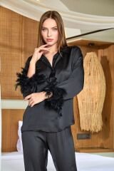 Gömlek Yaka Otrişli Saten Pijama Takımı