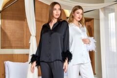 Gömlek Yaka Otrişli Saten Pijama Takımı