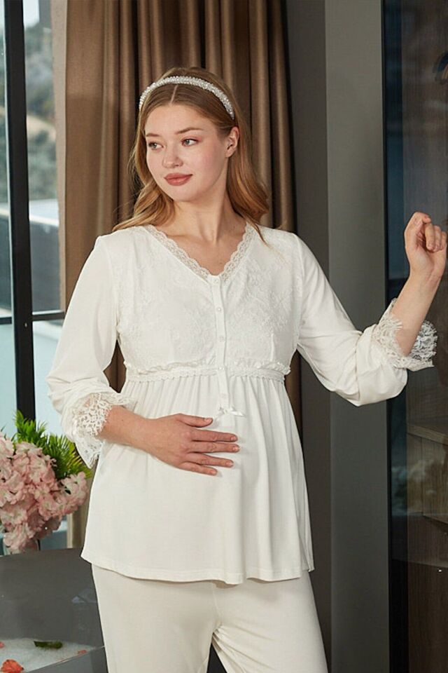 Dantel Detaylı Uzun Kol Tesettür Lohusa Pijama Takımı