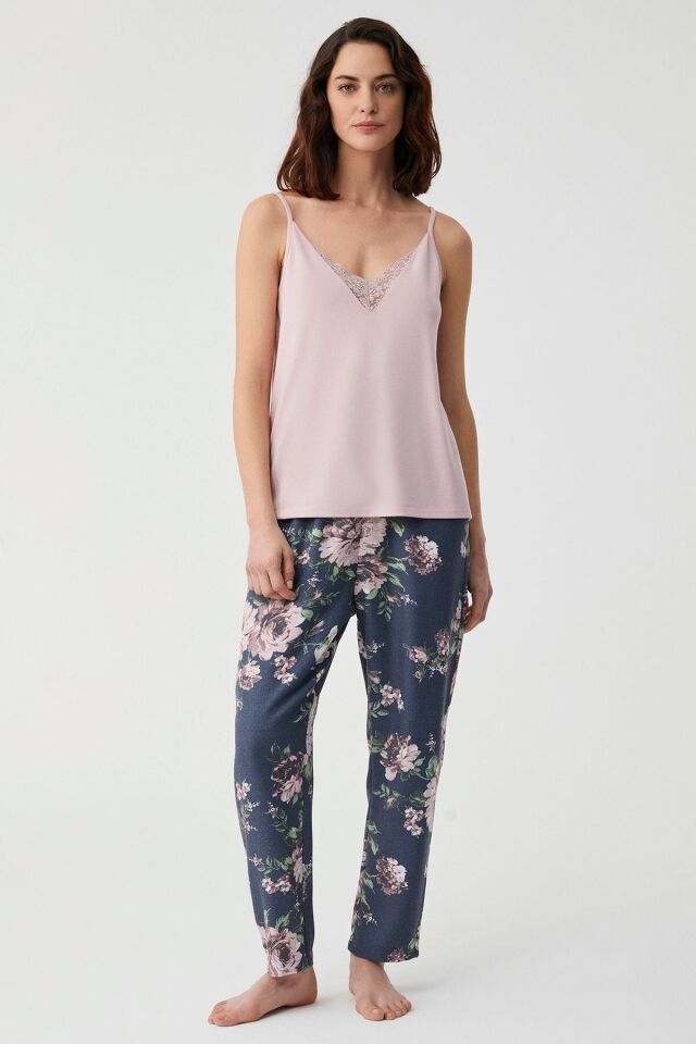 Çiçek desenli üçlü pijama takımı L - pembe çiçek
