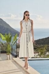 Önden Düğmeli Yaka Detay Midi Elbise