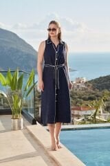 Önden Düğmeli Yaka Detay Midi Elbise