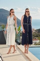 Önden Düğmeli Yaka Detay Midi Elbise