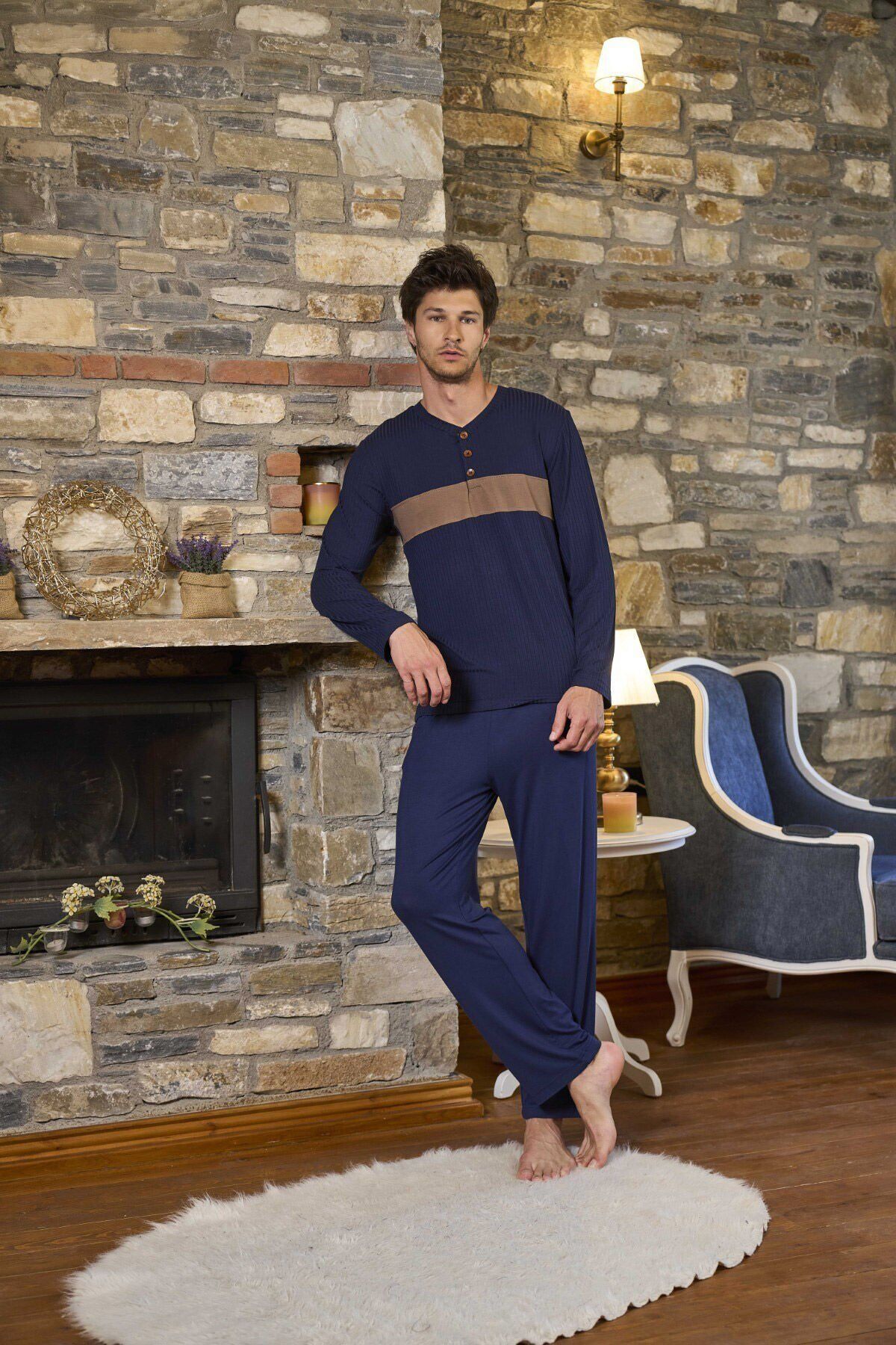 Uzun Kol Erkek Pijama Takımı XL - Lacivert