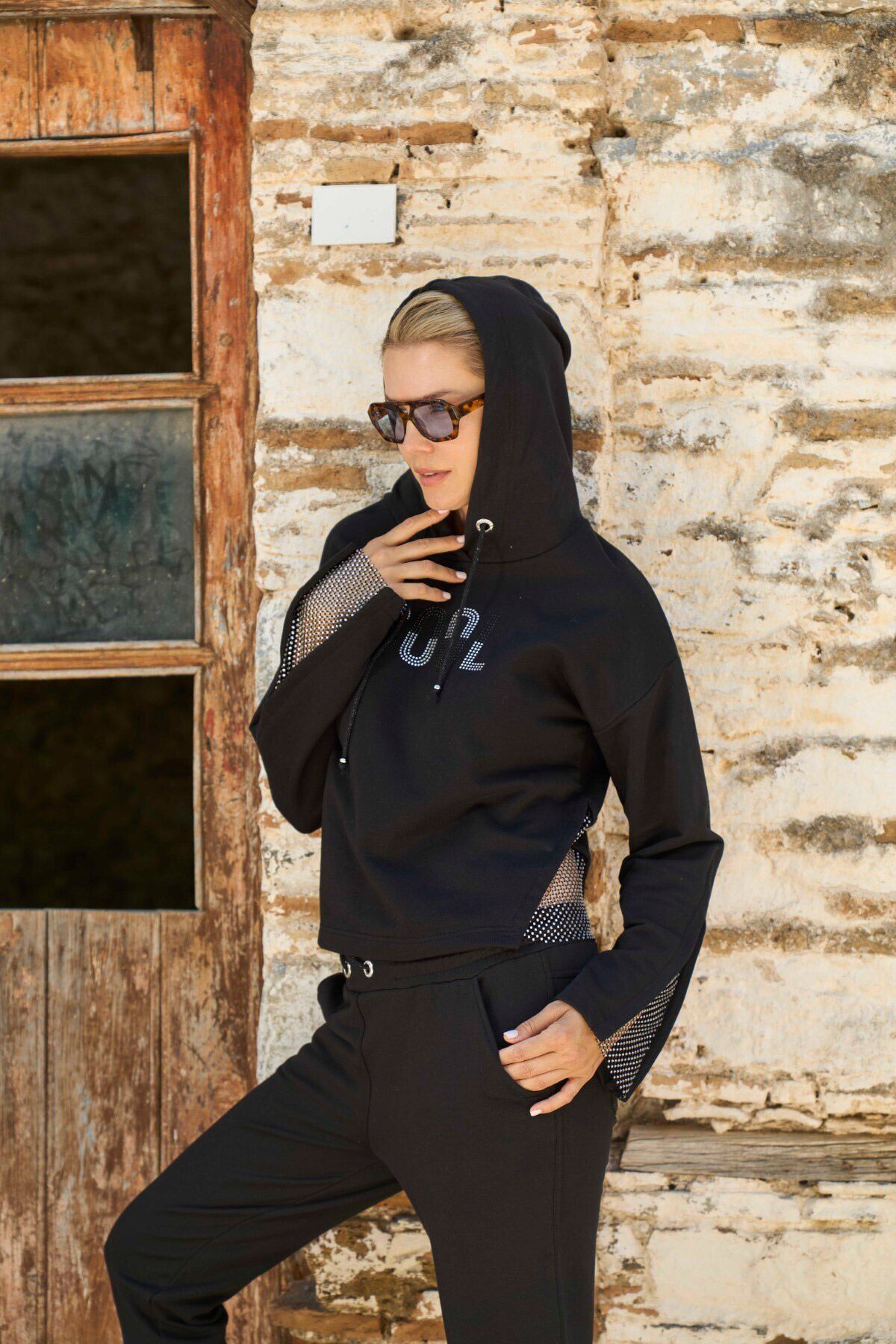 Kapüşonlu File ve Baskı Detay Kadın Eşofman Takımı