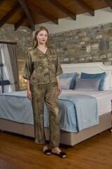 Önden Düğmeli Leopar Desen Saten Pijama Takımı