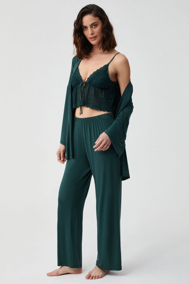 Zümrüt üçlü pijama takımı M - zümrüt yeşili