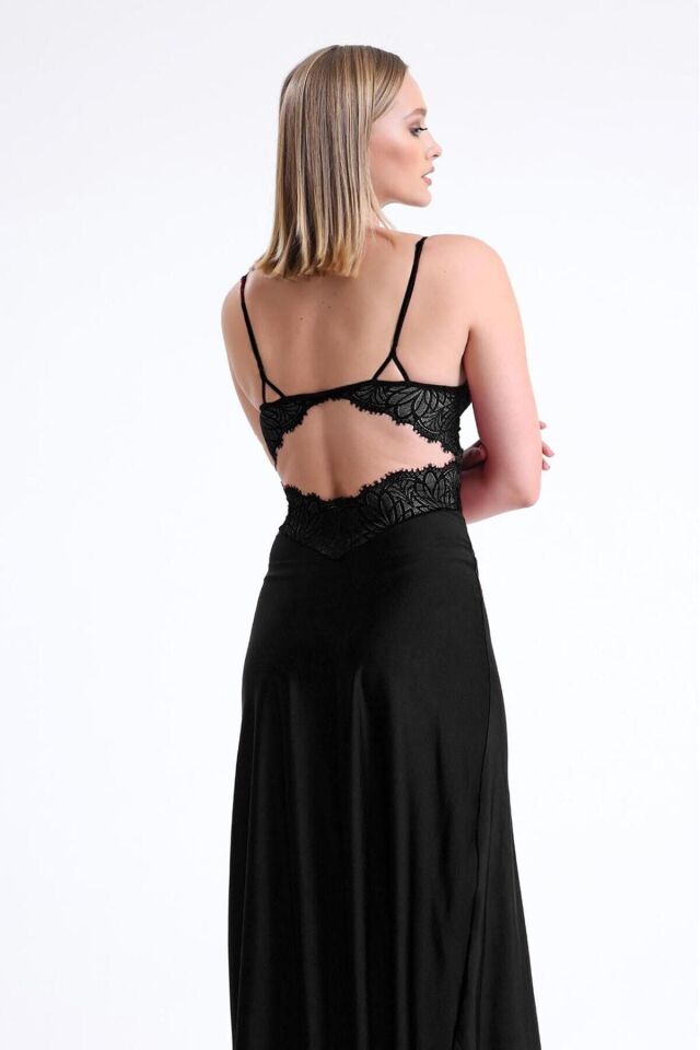 Dantelli Dekolteli Jarse Uzun Gecelik L - çinko