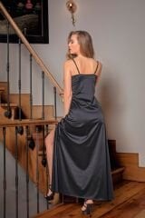 DANTELLİ UZUN YIRTMAÇLI SATEN GECELİK ELBİSE STRİNG TAKIM SİYAH