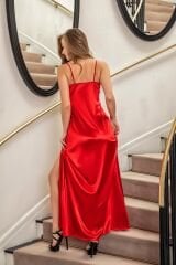 DANTELLİ UZUN YIRTMAÇLI SATEN GECELİK ELBİSE STRİNG TAKIM KIRMIZI