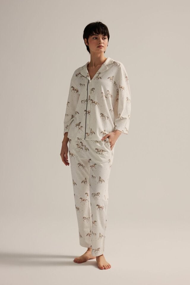 Kadın Pamuklu Uzun Kollu Gömlek Pijama Takımı L