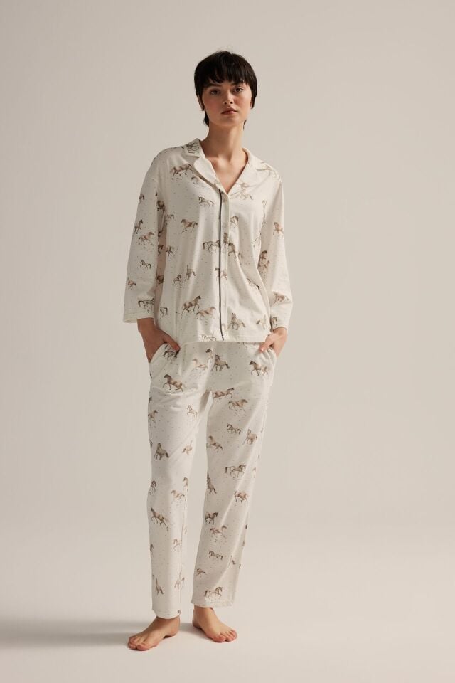 Kadın Pamuklu Uzun Kollu Gömlek Pijama Takımı XL