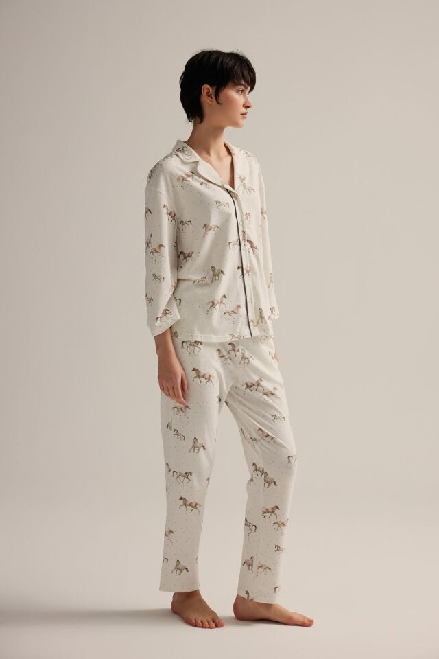 Kadın Pamuklu Uzun Kollu Gömlek Pijama Takımı S