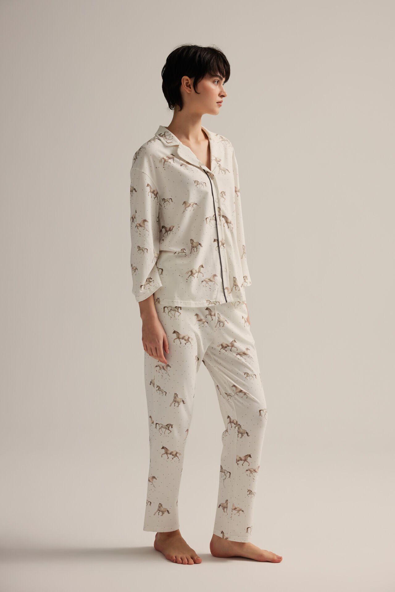 Kadın Pamuklu Uzun Kollu Gömlek Pijama Takımı xs