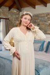 Çiçekli Aplike Detay Uzun Kol Lohusa Gecelik