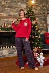 Ekose Desen Yeni Yıl Temalı Kadın Pijama Takımı