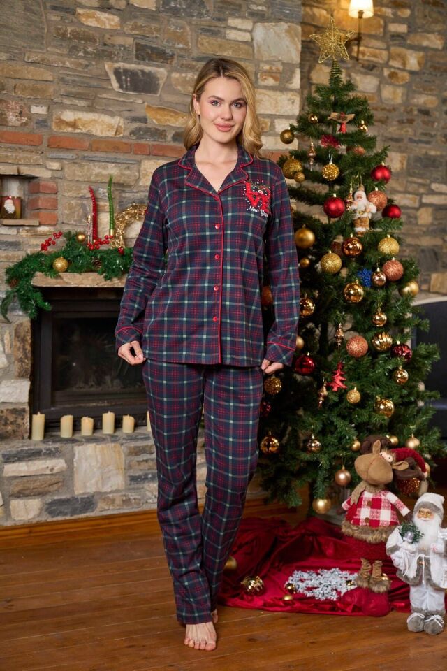 Yeni Yıl Temalı Ekose Desen Gömlek Pijama Takımı 42