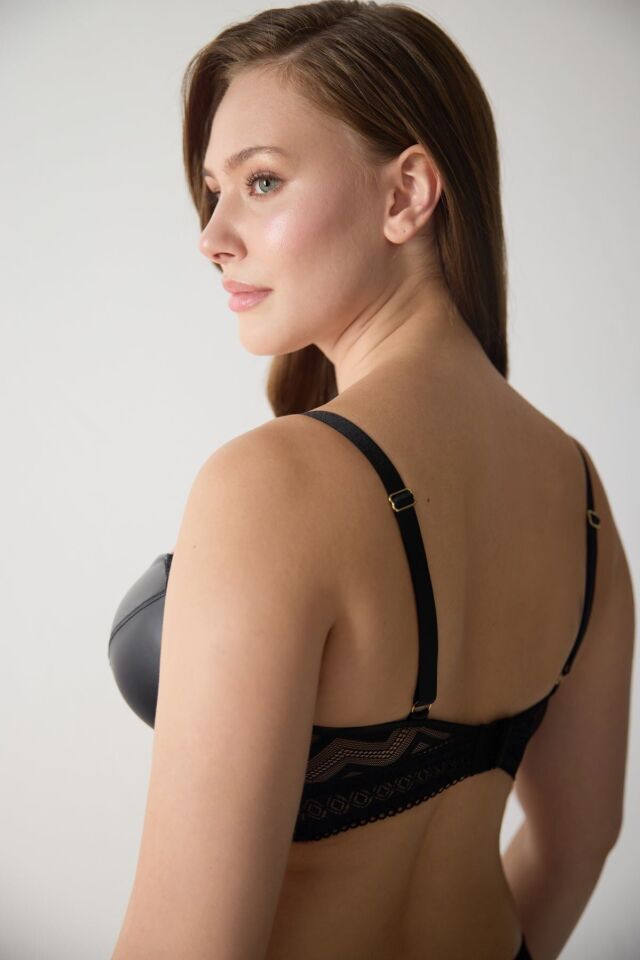 Deri Zigzag Dantelli Push Up Destekli Sütyen 70B - bordo