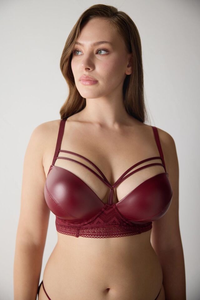 Deri Zigzag Dantelli Push Up Destekli Sütyen 75D - bordo